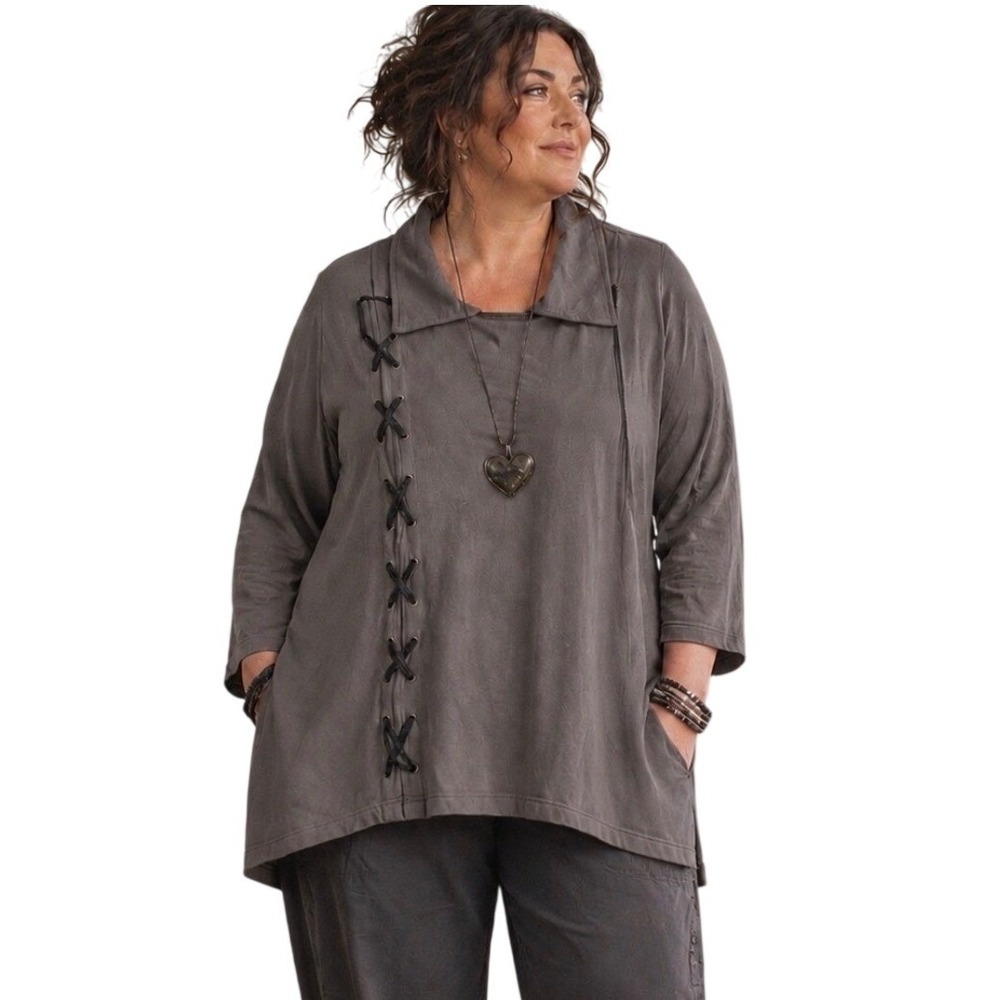 The Pyramid Collection  Gray  Cotton Full Side Zip Tunic Jacket  3X Lagenlook